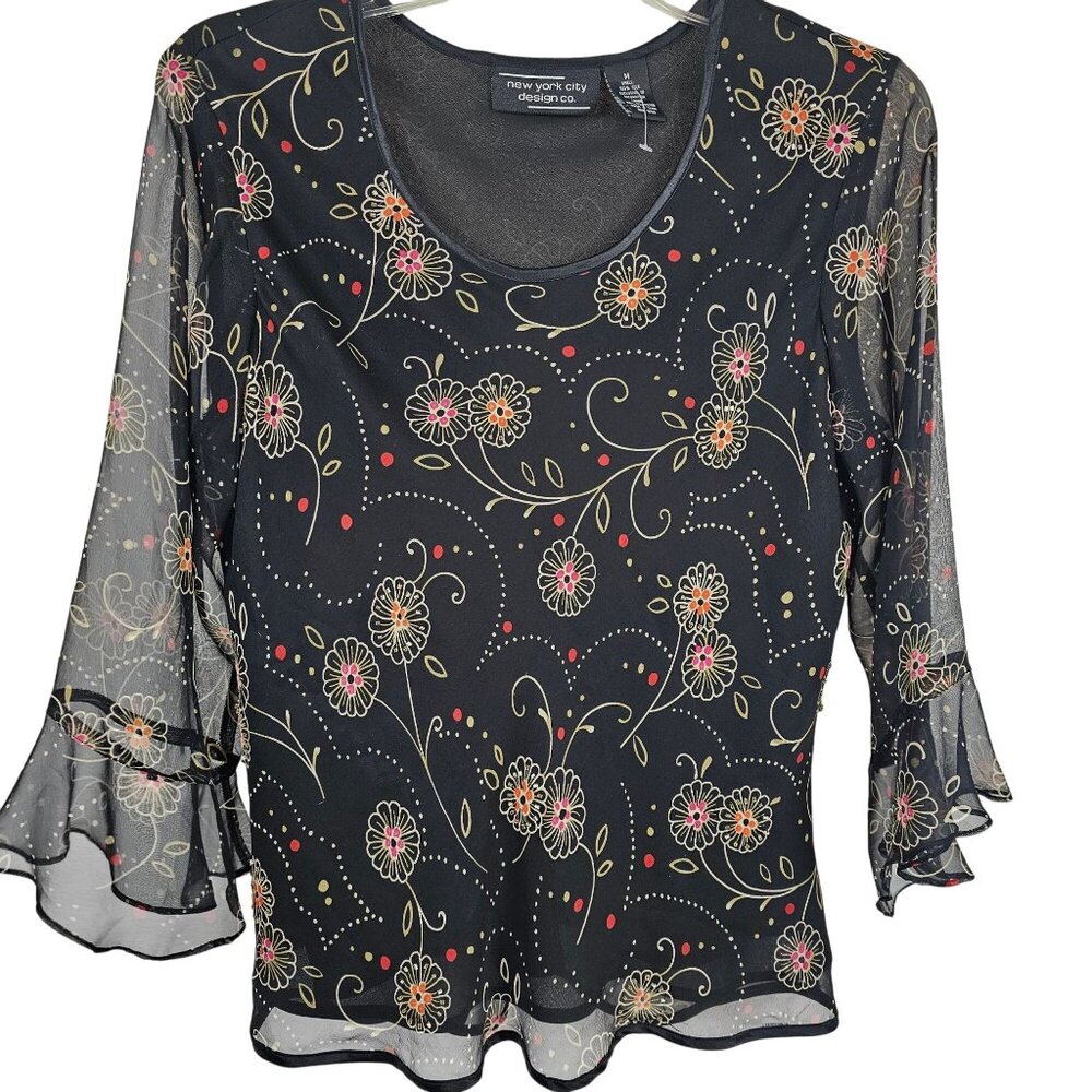 Womens M‎ Black Floral Sheer Business Casual Office Corpocore Blouse Shirt Top